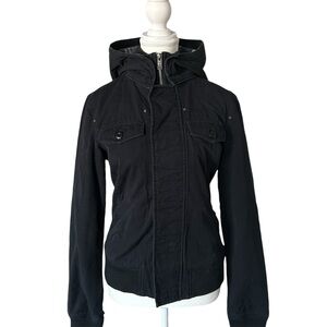 Y2K “Tna” Black Cargo Bomber Style Zip-up Jacket with Hood